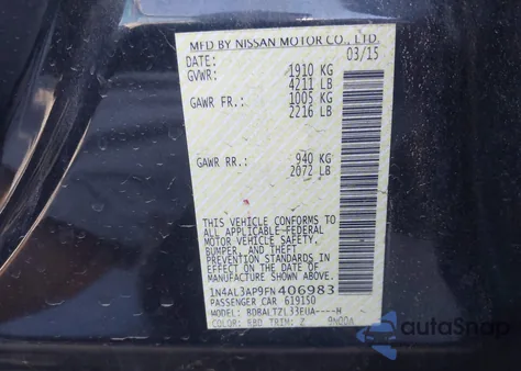 2015 Nissan Altima 2.5 Sl from USA, damaged, VIN 1N4AL3AP9FN406983